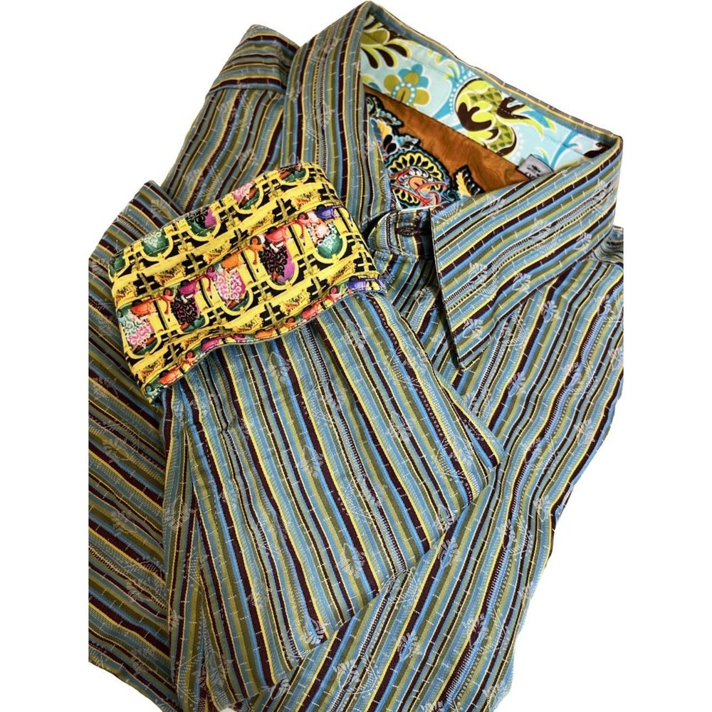 Robert Graham Multi Color Striped Scooter Flip Cuff/Paisley Collar Men's Shirt L